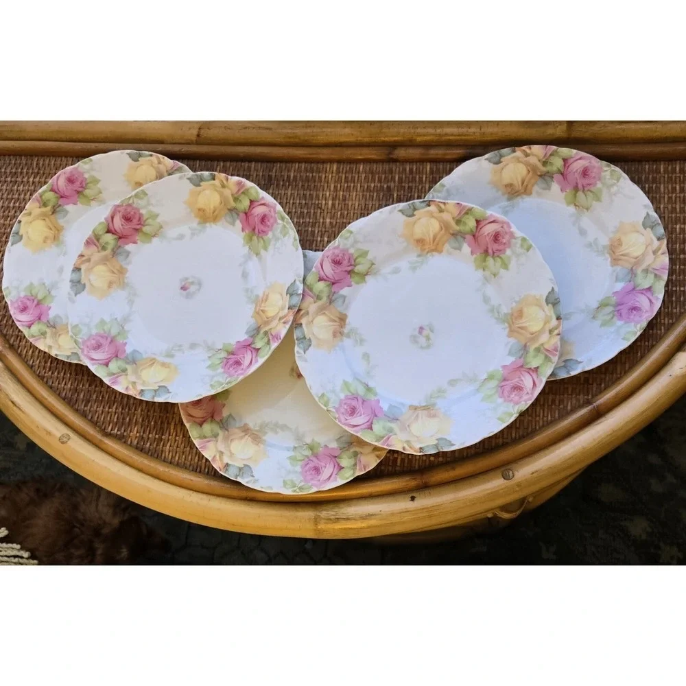 Antique Porcelain Plates 'Louvre' Series Hand- Painted Pink And Yellow Roses